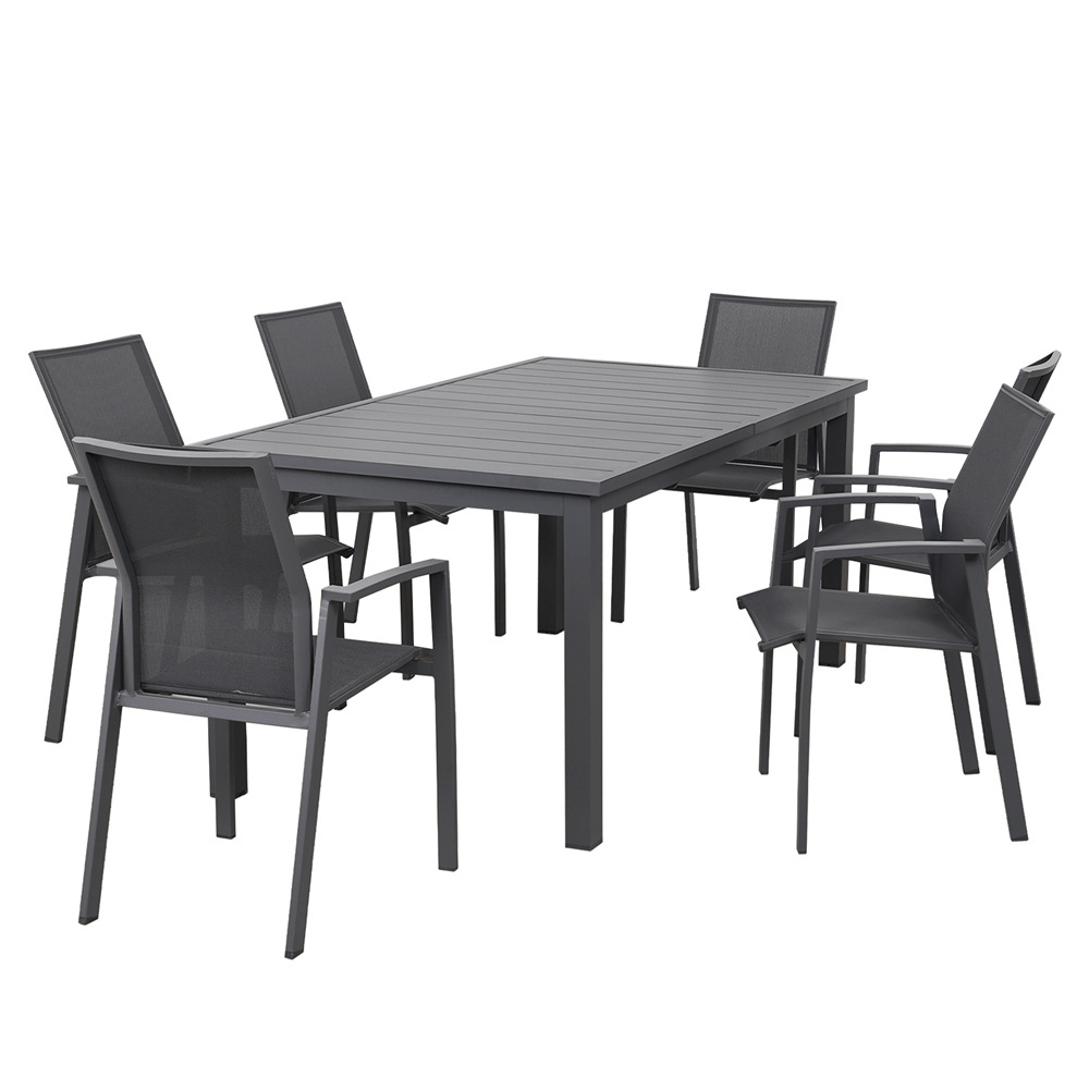 Dark Grey Aluminum Adjustable Patio Dining Outdoor Table And Chairs Set For 6 4 8 Texilene Mesh Fabric