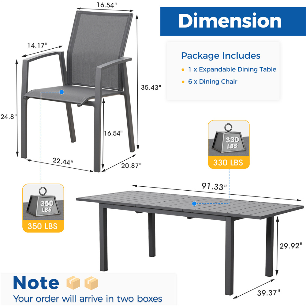 Dark Grey Aluminum Adjustable Patio Dining Outdoor Table And Chairs Set For 6 4 8 Texilene Mesh Fabric