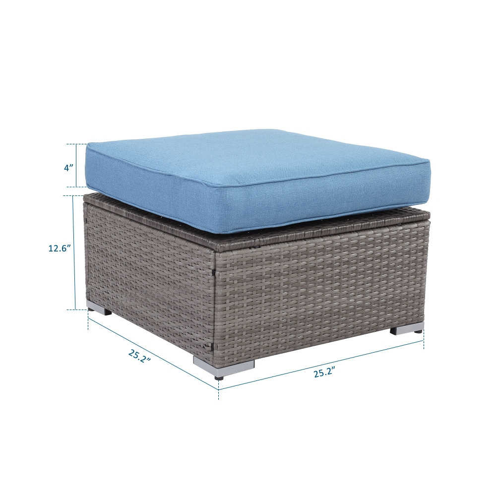 Factory Wholesale Modern Square Grey Blue Ottomans Patio Foot Stool Outdoor Wicker Ottoman