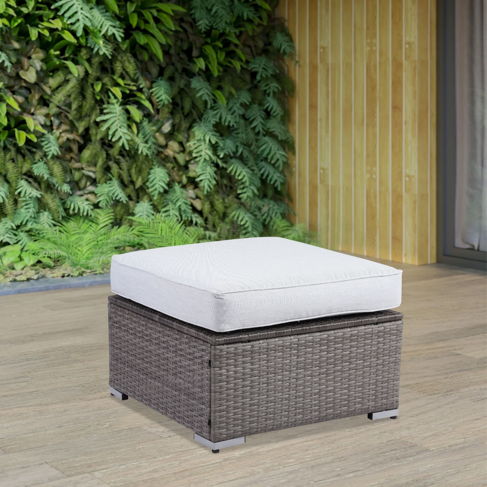 New Design Garden Square White Wicker Light Grey Ottoman Rattan Foot Stool Foot Ottoman For Couch Patio Outdoor