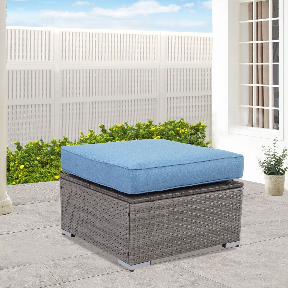 Factory Wholesale Modern Square Grey Blue Ottomans Patio Foot Stool Outdoor Wicker Ottoman