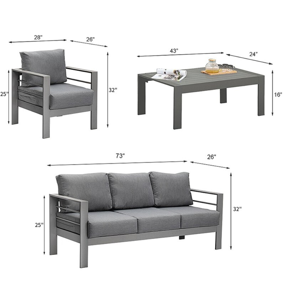 End Side Table Furniture Set Grey Aluminum Patio Couch Sectional Sofa For Small Space Outdoor