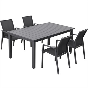 Dark Grey Aluminum Adjustable Patio Dining Outdoor Table And Chairs Set For 6 4 8 Texilene Mesh Fabric