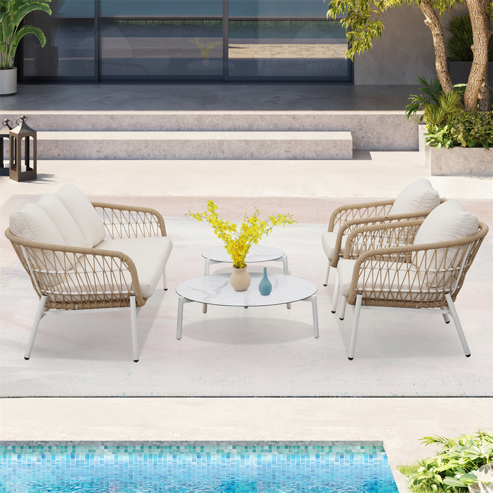 Modern Modular Woven Rope Beige Couch Patio Sofa Set Furniture With Rock Coffee Table Comfy Garden Outdoor