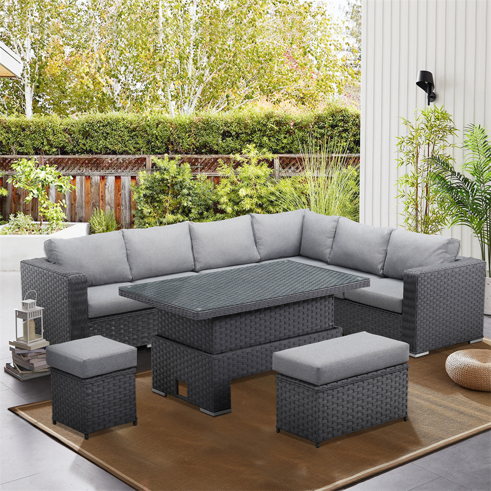 PE Rattan Wicker Large Adjustable Dark Grey Sofa Set Patio Furniture L Shaped Sectional Couch With Table Outdoor