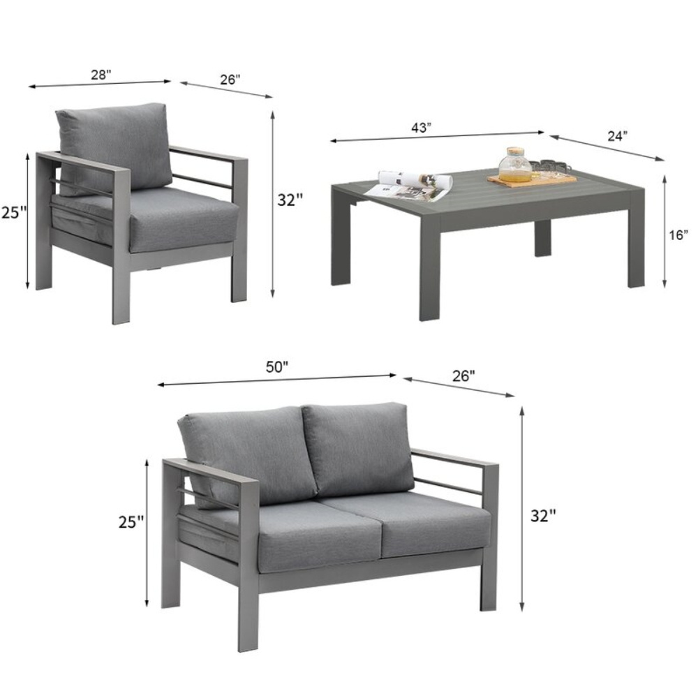 Modular Sectional Sofa Furniture Grey Aluminum Outdoor Patio Sofa Couch Set With End Side Table 4