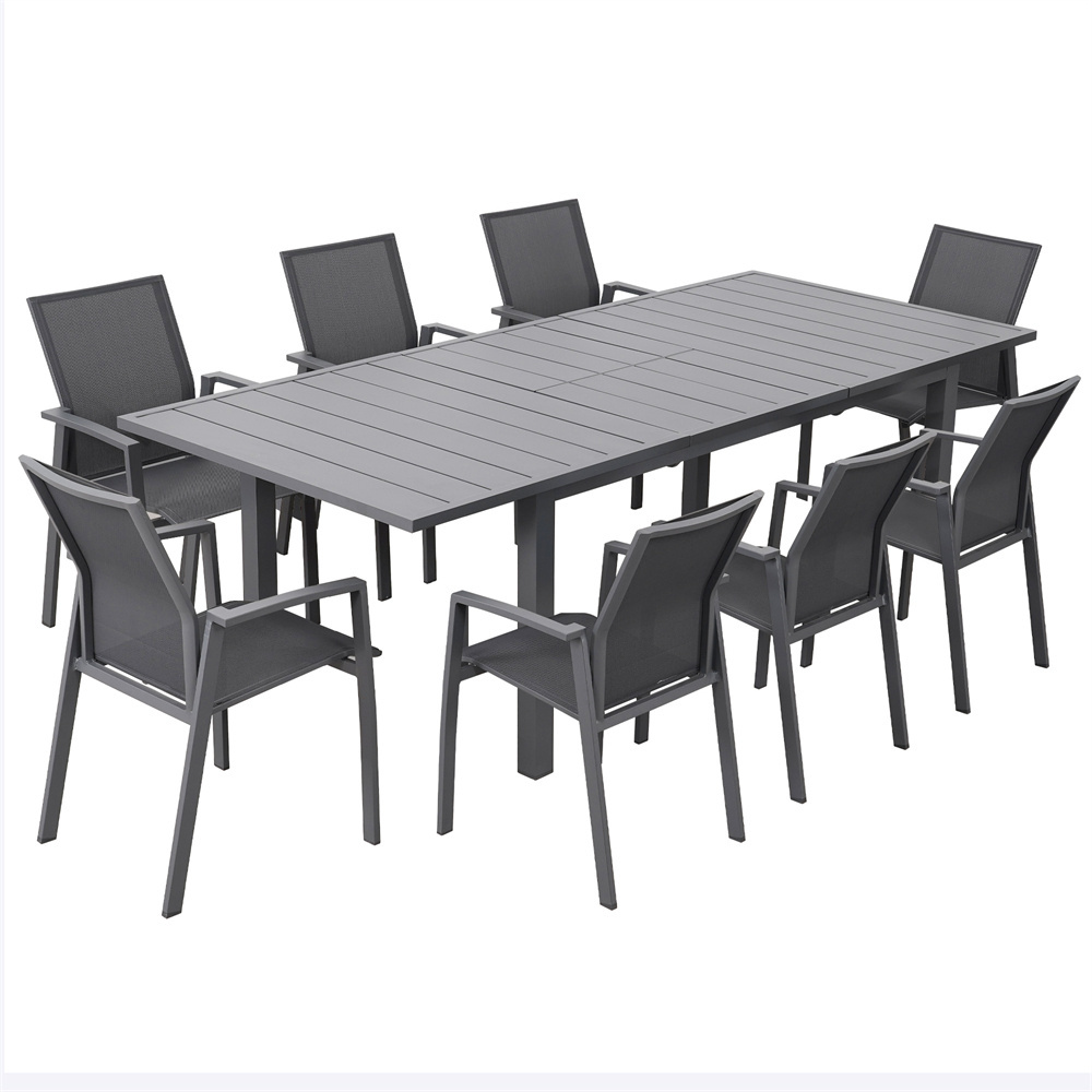 Dark Grey Aluminum Adjustable Patio Dining Outdoor Table And Chairs Set For 6 4 8 Texilene Mesh Fabric