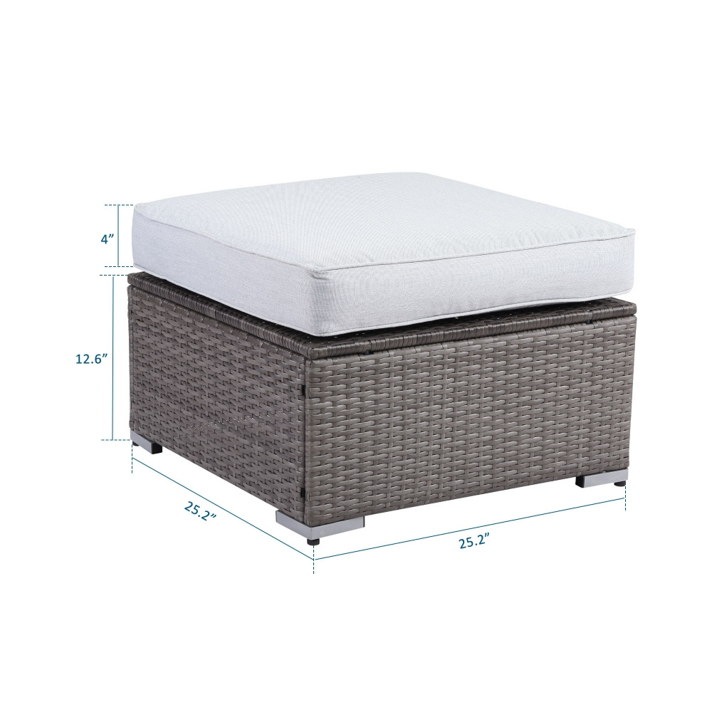 New Design Garden Square White Wicker Light Grey Ottoman Rattan Foot Stool Foot Ottoman For Couch Patio Outdoor