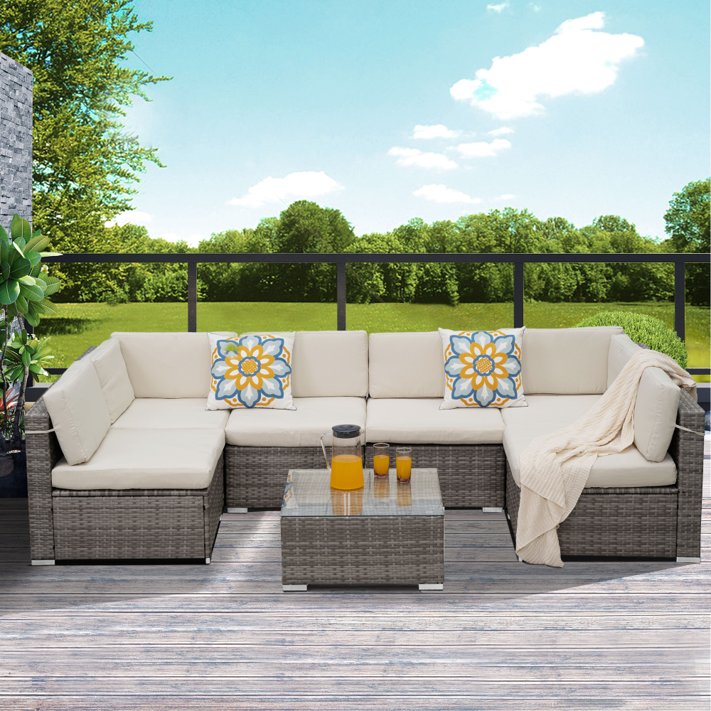 7 Pieces U Shape Furniture Beige Grey Couch Set Oversized Sectional Sofa Modular Couches For Garden Patio Outdoor