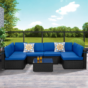 Modular 7 Piece Sectional Couch Rattan Navy Blue Black Outdoor Patio Sofa Set With Coffee Table