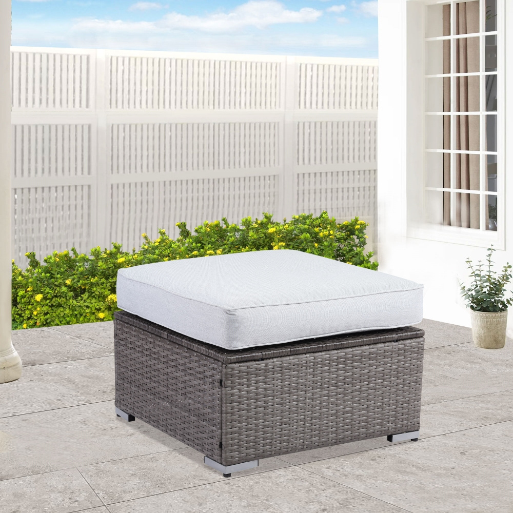 New Design Garden Square White Wicker Light Grey Ottoman Rattan Foot Stool Foot Ottoman For Couch Patio Outdoor