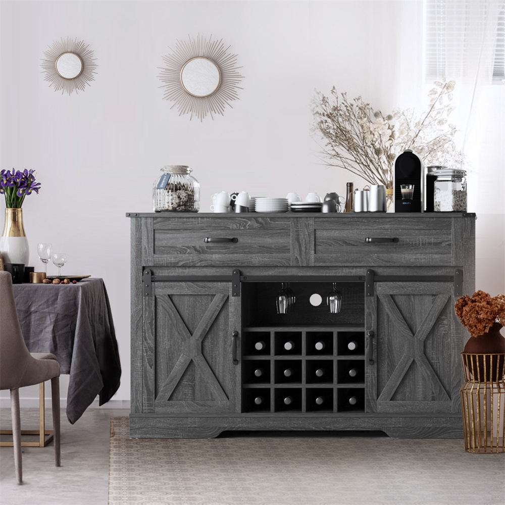 Grey Sideboard Kitchen Pantry Storage Cabinet With Drawers Barn Door Shelve Liquor Cabinet Bar For Home