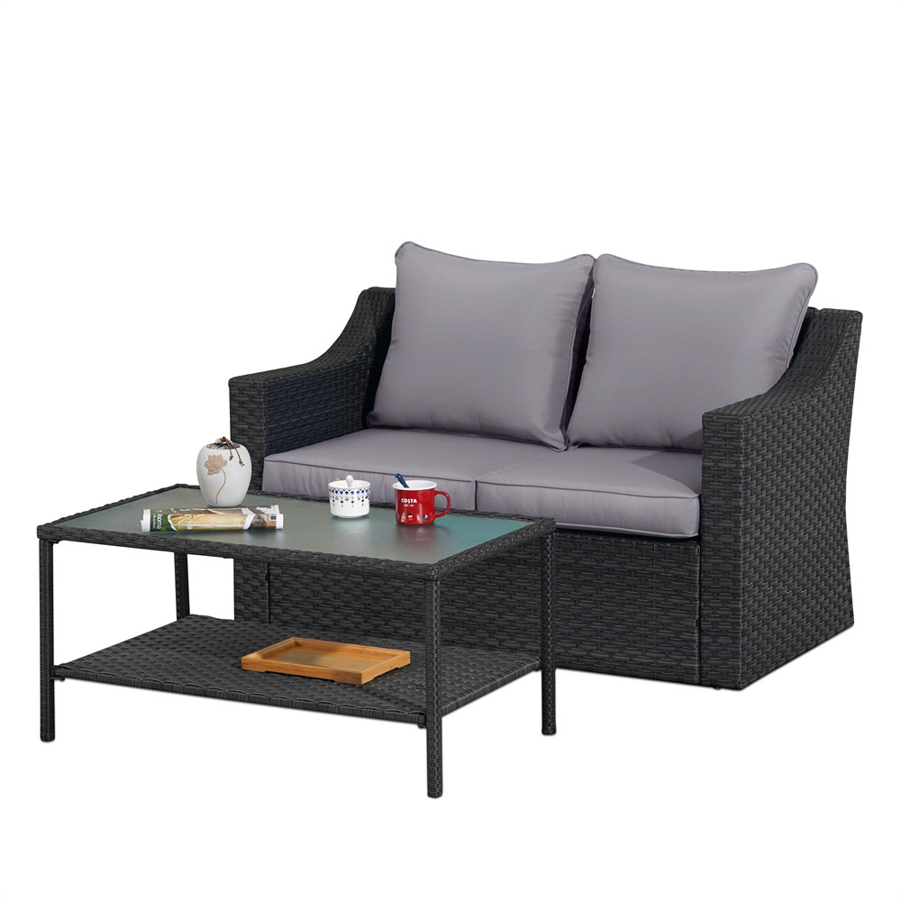 Wicker Couch Dark Grey Loveseat Twin Small Outdoor Couch Patio Sectional Sofa Coffee Table Set Furniture