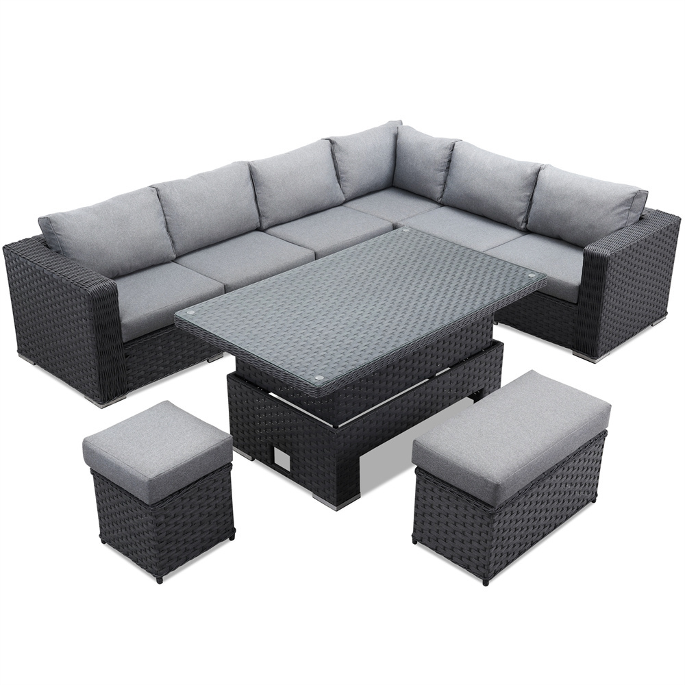 PE Rattan Wicker Large Adjustable Dark Grey Sofa Set Patio Furniture L Shaped Sectional Couch With Table Outdoor