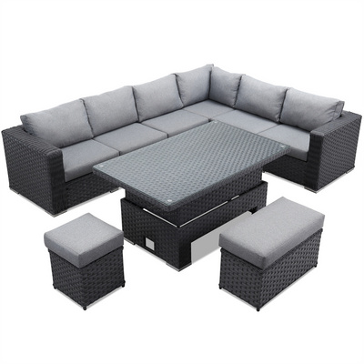 PE Rattan Wicker Large Adjustable Dark Grey Sofa Set Patio Furniture L Shaped Sectional Couch With Table Outdoor