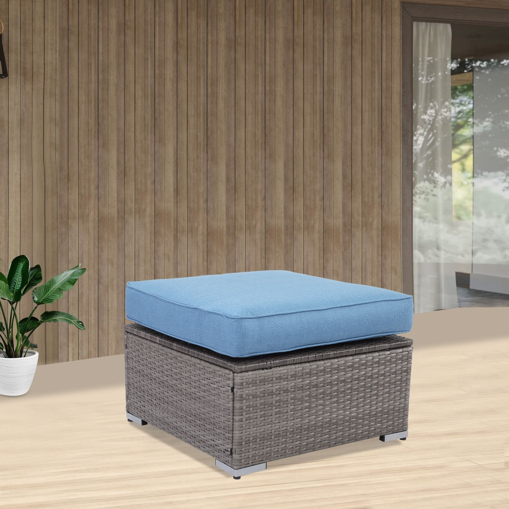 Factory Wholesale Modern Square Grey Blue Ottomans Patio Foot Stool Outdoor Wicker Ottoman