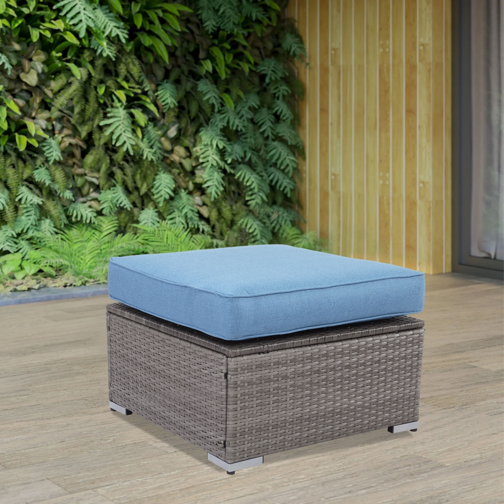 Factory Wholesale Modern Square Grey Blue Ottomans Patio Foot Stool Outdoor Wicker Ottoman