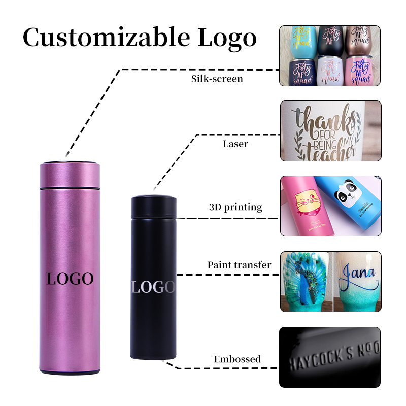 Custom Logo 500ml 17oz Double Wall Stainless Steel Insulated Temperature Vacuum Flasks Thermos Cup LED Smart Water Bottle