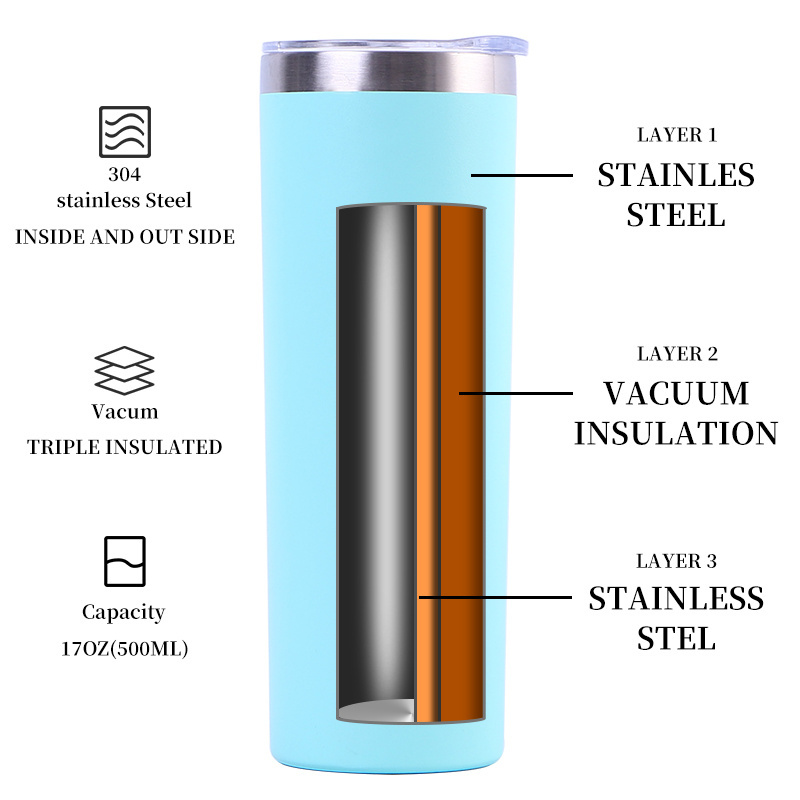 Custom Logo 20 oz Sublimation Blank Powder Coated Tumbler Double Wall 304 Stainless Steel 20oz Skinny Tumbler with Straw Lid