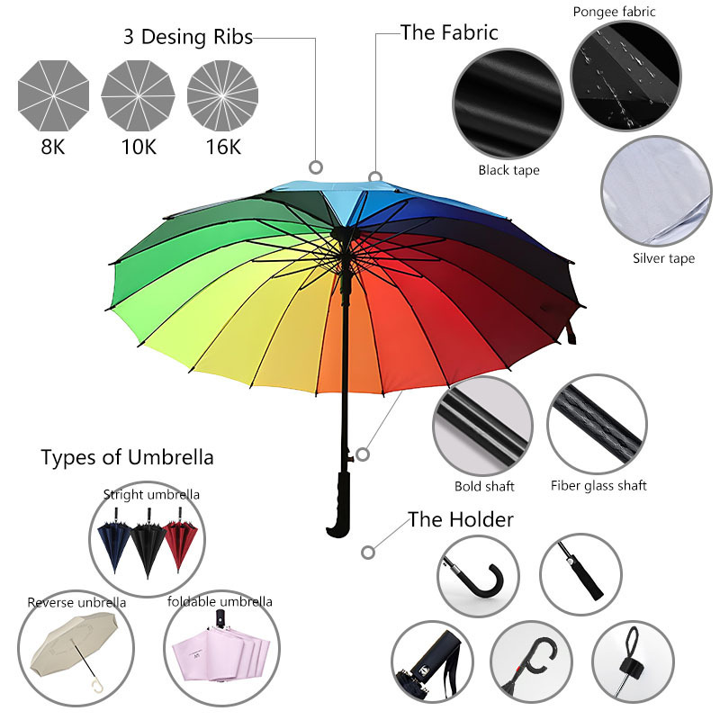 Custom Color Waterproof 22 inches Rainbow Windproof Golf Umbrella Straight Handle Logo 16k Printing Straight Umbrella for Rain