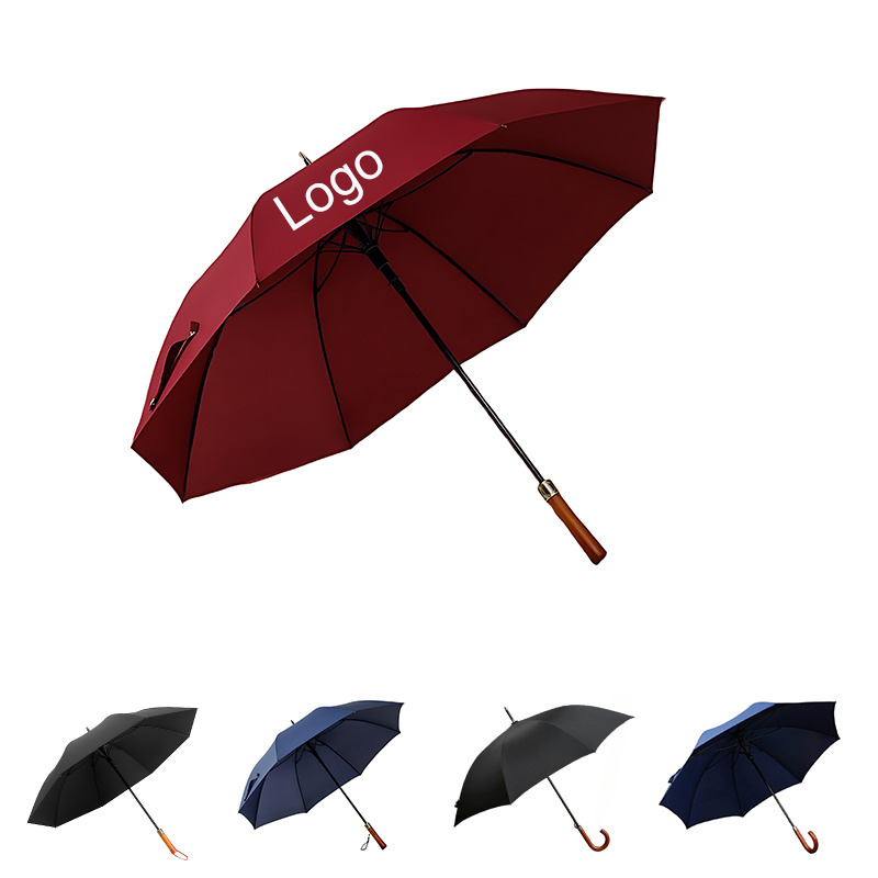 Factory Bulk Logo Prints Exquisite Windproof 27 inches Straight Umbrella Automatic Promotional Golf Umbrella with Wooden Handle