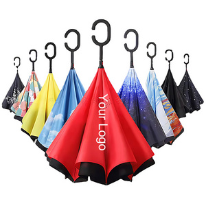 Factory Cheap Price Windproof Rain Protection Hands= Free Upside-down Reverse Umbrella Logo Inverted Umbrella C-Shaped Handle