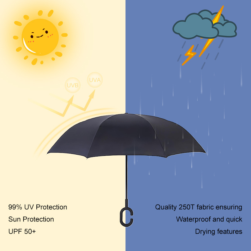 Factory Cheap Price Windproof Rain Protection Hands= Free Upside-down Reverse Umbrella Logo Inverted Umbrella C-Shaped Handle