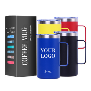 Custom Logo 12oz 14oz 20oz 24oz Double Wall Stainless Steel Insulated Metal Travel Cup Tumble Coffee Mug with Handle and Lid