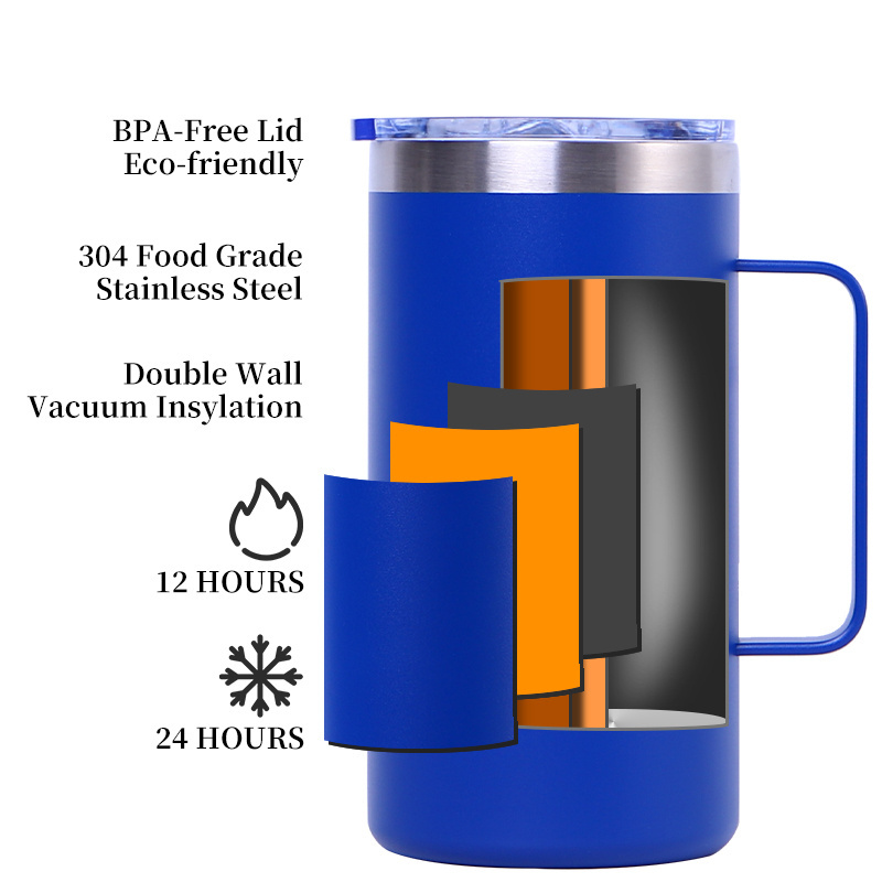 Custom Logo 12oz 14oz 20oz 24oz Double Wall Stainless Steel Insulated Metal Travel Cup Tumble Coffee Mug with Handle and Lid