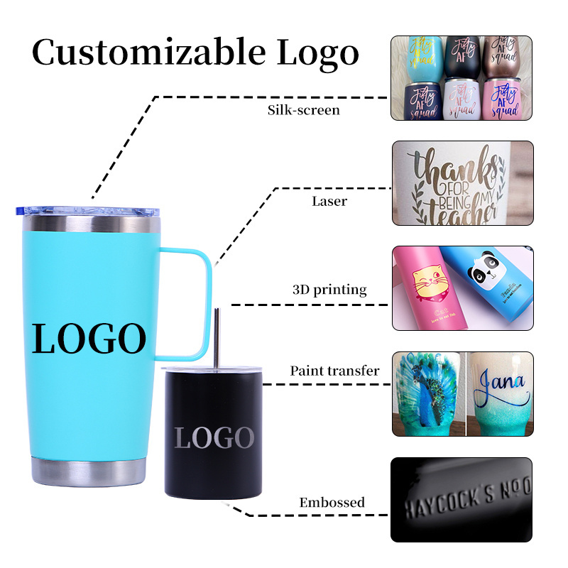 Custom Logo 12oz 14oz 20oz 24oz Double Wall Stainless Steel Insulated Metal Travel Cup Tumble Coffee Mug with Handle and Lid