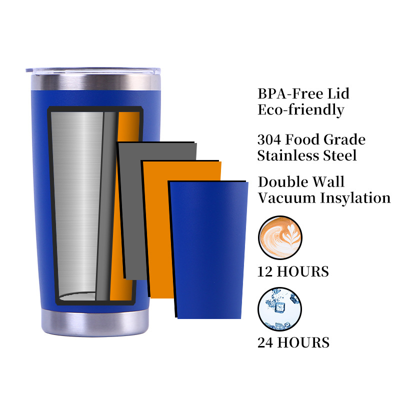 Custom Logo 20oz Mug Double Wall Powder Coated 304 Stainless Steel Insulated Thermal 20 oz Travel Tumble Coffee Mug Cup with Lid