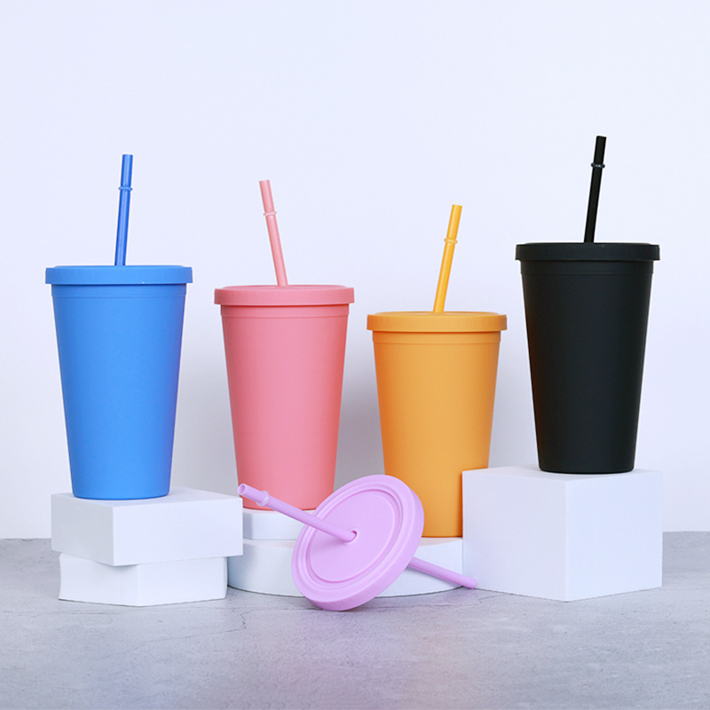 Custom Logo Wholesale 16oz Pastel Colored Cups Double Wall Multicolor Plastic Cup Bulk Tumbler with Lids and Free Straw Cleaner