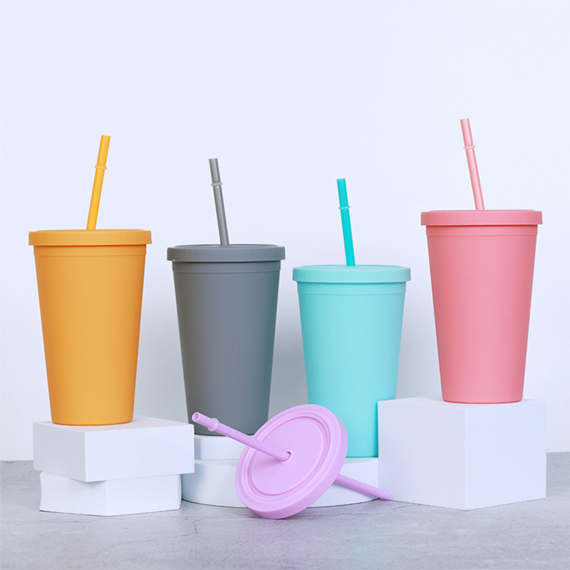 Custom Logo Wholesale 16oz Pastel Colored Cups Double Wall Multicolor Plastic Cup Bulk Tumbler with Lids and Free Straw Cleaner