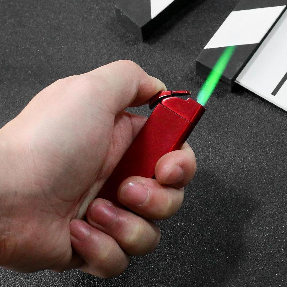 Long strip windproof lighter inflatable green flame mini metal straight at men and women gas creative personality