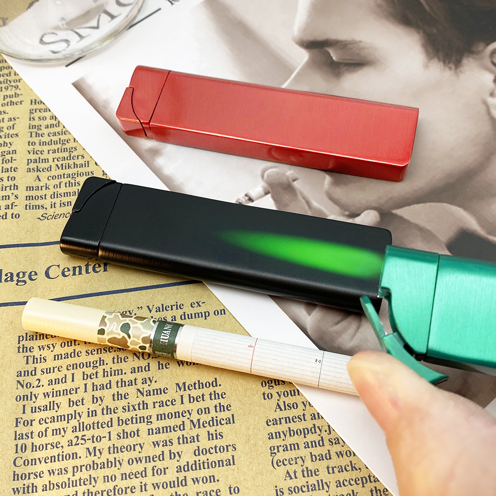 Long strip windproof lighter inflatable green flame mini metal straight at men and women gas creative personality