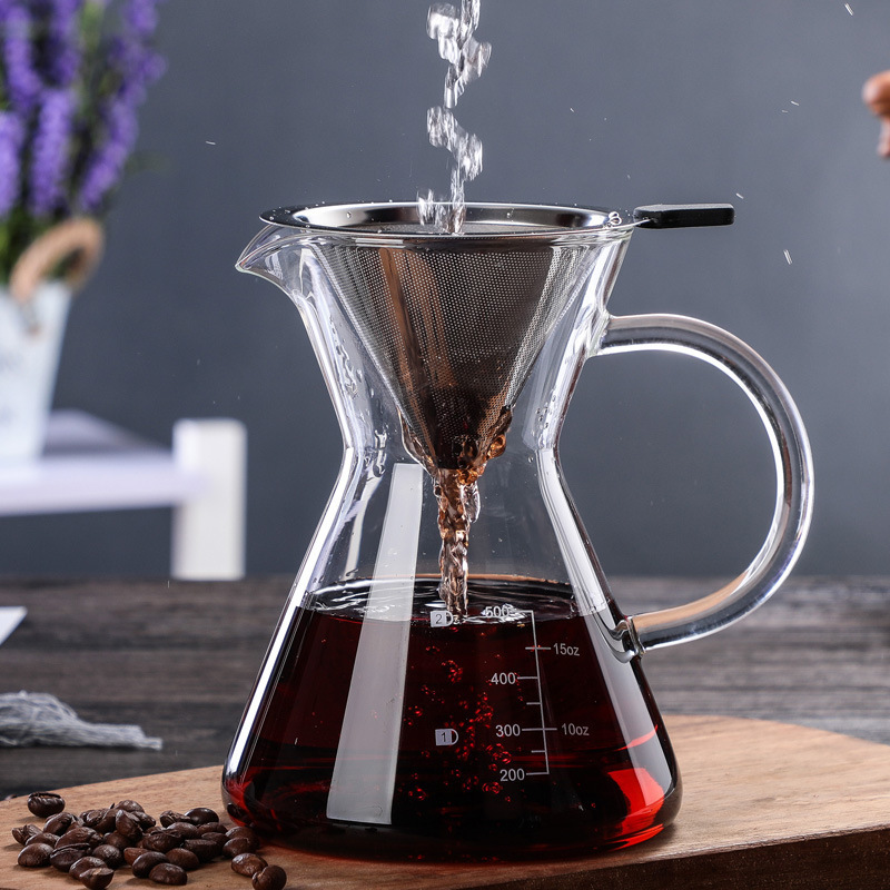 304 Stainless Steel Pour Over Coffee Maker Set with Handle Glass Sharing Pot and Double Layer Filter Drip Brew Coffee Pot