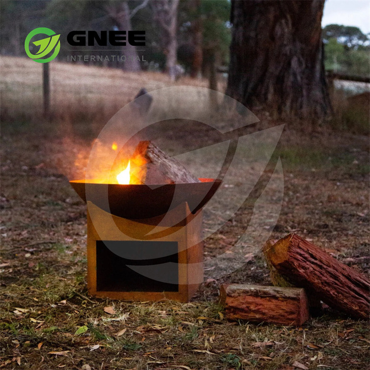 Corten Steel Gas Fire Pit With Glass Protection Around The Flame