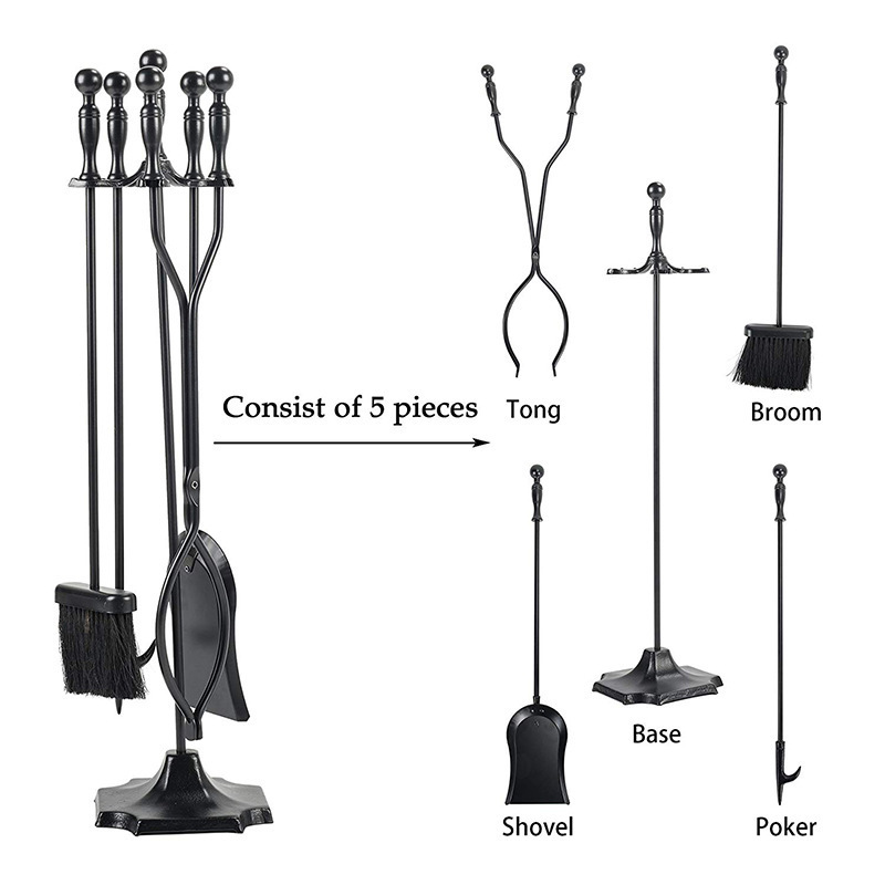 Modern Black Metal Fireplace Tool Set With Stander Hook Spatula Brush Tong For Home