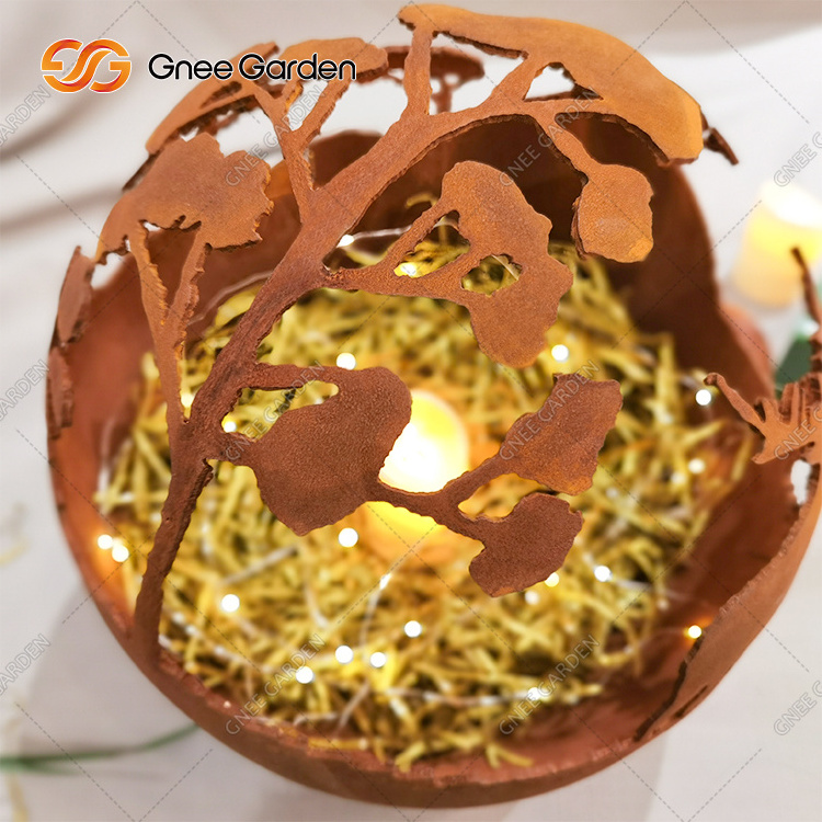 Small Corten Steel Garden Outdoor Metal Sphere Round Ball With Lights Indoor Decoration Rusty Red Creative Round Ball