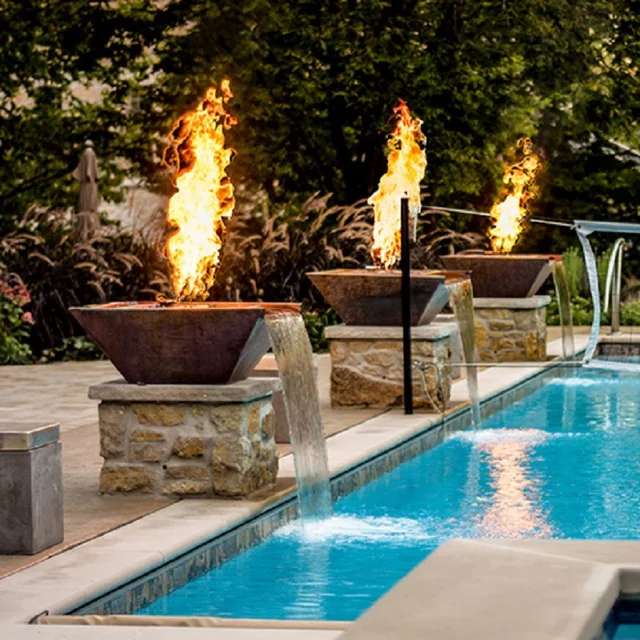 Outdoor Firepit With Water Feature Low Smoke Square Corten Steel Fire Pit And Water Bowl For Swimming Pool Table Top Firepit