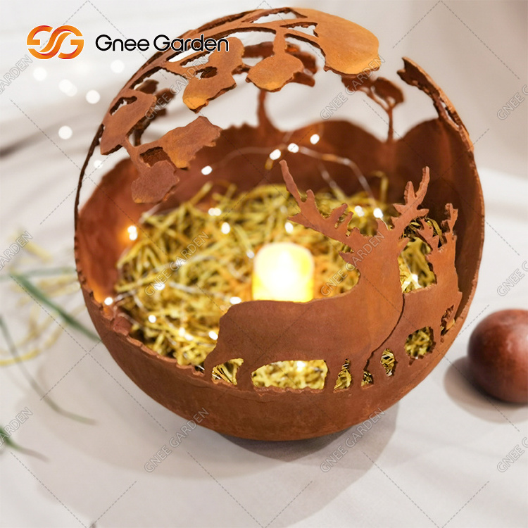 Small Corten Steel Garden Outdoor Metal Sphere Round Ball With Lights Indoor Decoration Rusty Red Creative Round Ball