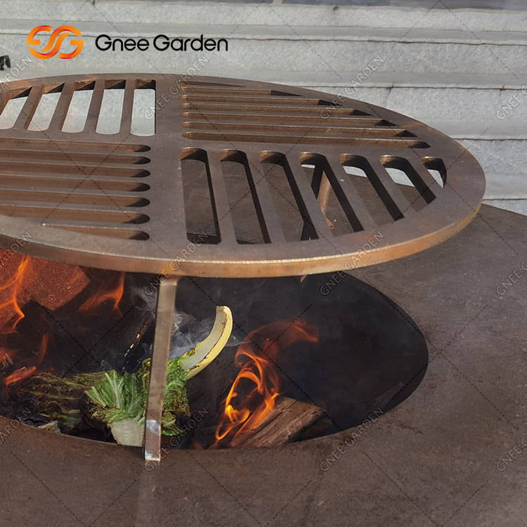 Outdoor Garden Large Bbq Grills With Grid Corten Steel Wood Burning Fire Pits Party Cooking Set Garden Steel Bbq Grill