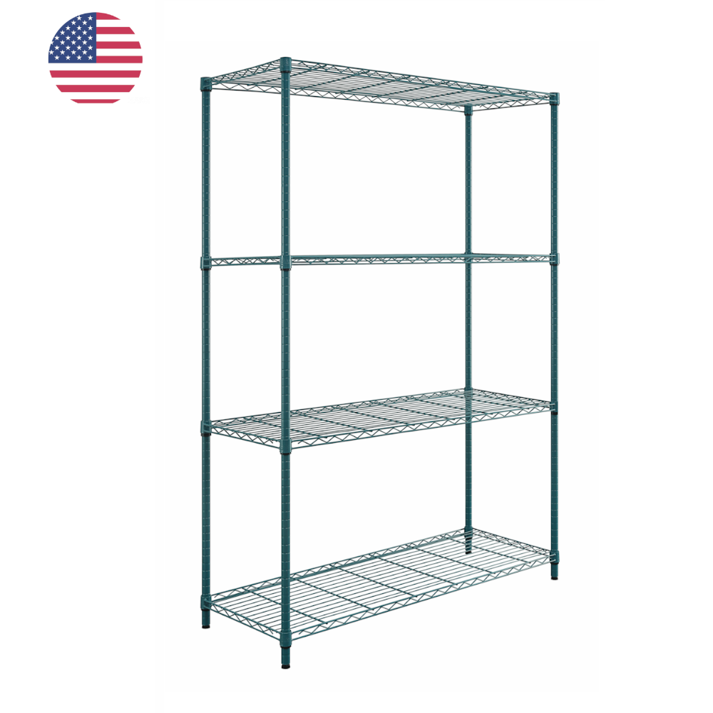 Wire Shelving Unit, 4 Shelf, 300 Lb Per Shelf, Multi Size, Chrome, Green, Black, USA Ready to Ship Wholesale