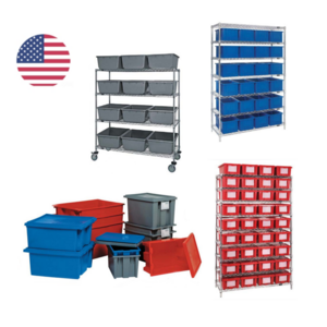 Stack & Nest Totes, Cross Stack Tubs w/ Chrome Wire Shelving Systems, Multi Color & Size, USA Ready to Ship Wholesale