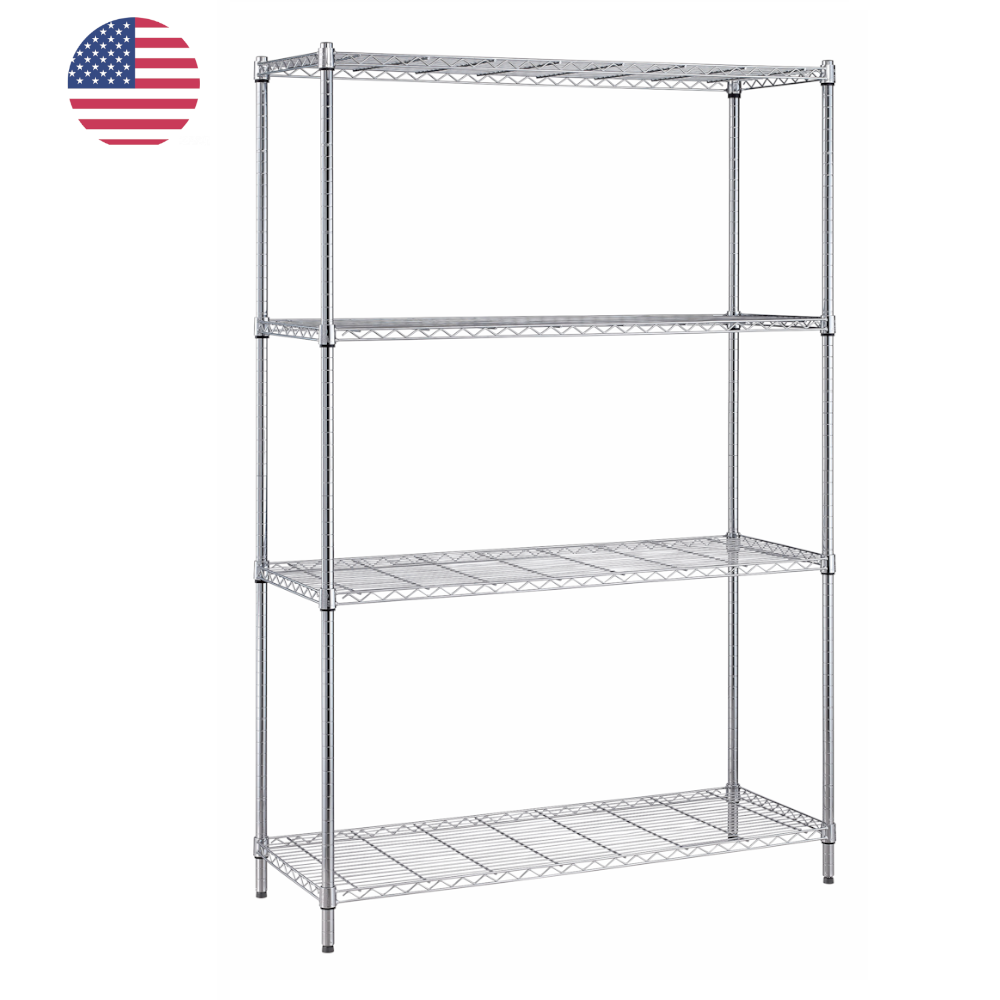 Wire Shelving Unit, 4 Shelf, 300 Lb Per Shelf, Multi Size, Chrome, Green, Black, USA Ready to Ship Wholesale