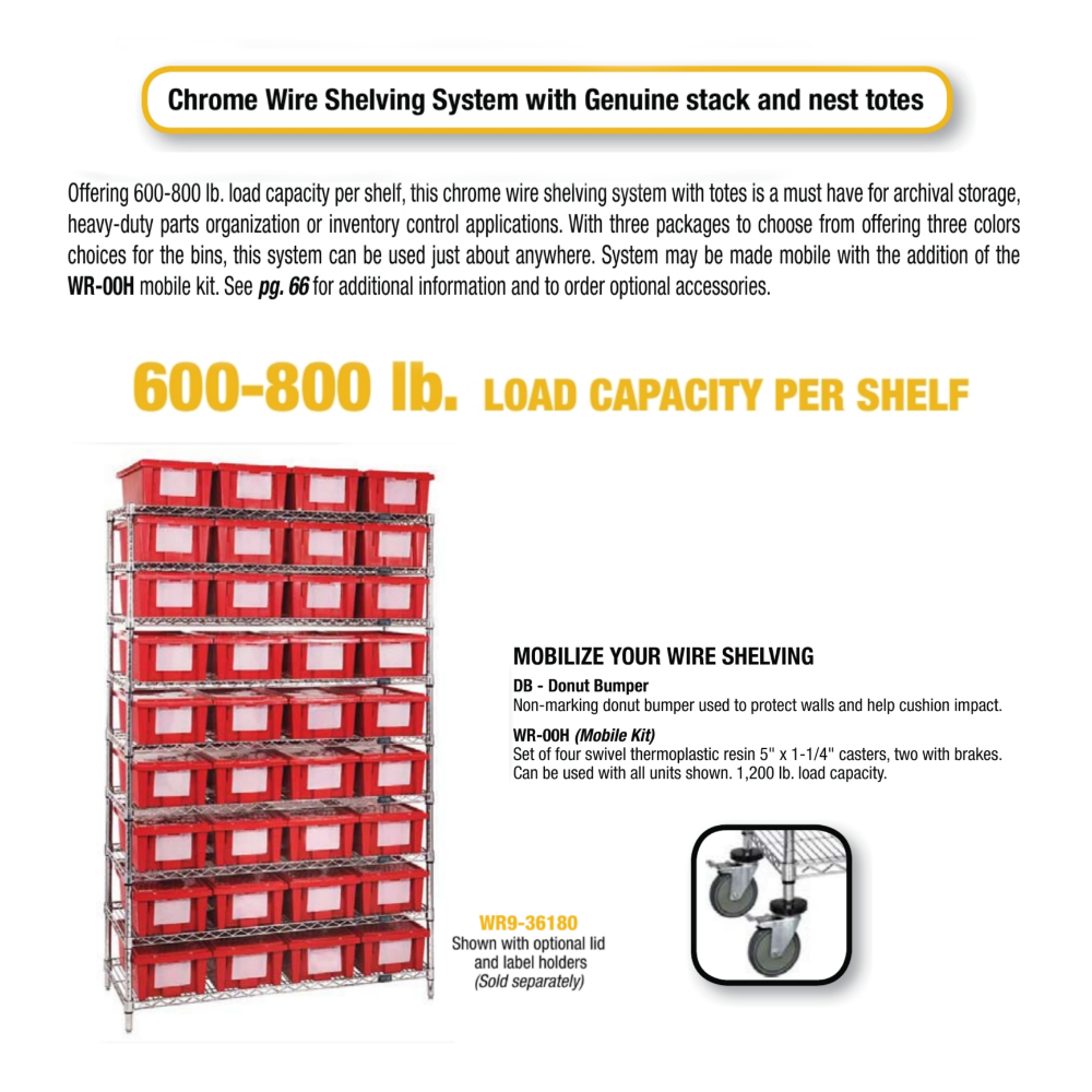 Stack & Nest Totes, Cross Stack Tubs w/ Chrome Wire Shelving Systems, Multi Color & Size, USA Ready to Ship Wholesale