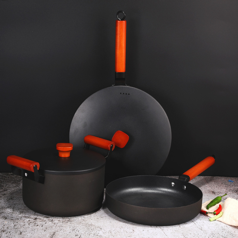 Wholesale 3 Pcs European Luxury Kitchen Cooking Cast Iron Soup Pot Non-stick Frying Pan wok Pot Cookware Set