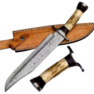 wholesale Handmade Damascus steel bowie knife with paddock wood handle and fine leather sheath outdoor knife wholesale knife