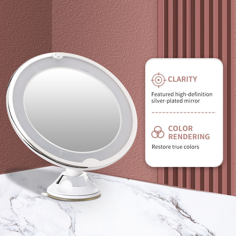 360 Degree Rotation Led Light Vanity Mirror Rechargeable 10x Magnifying Makeup Mirror With Suction Cup