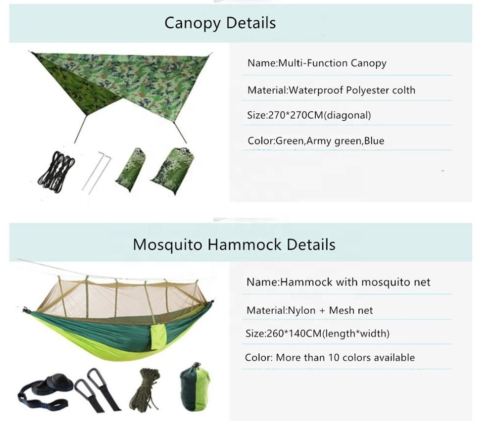 Lightweight portable parachute hammock Factory rain fly awning Camping hammock with mosquito net Travel awning hammock